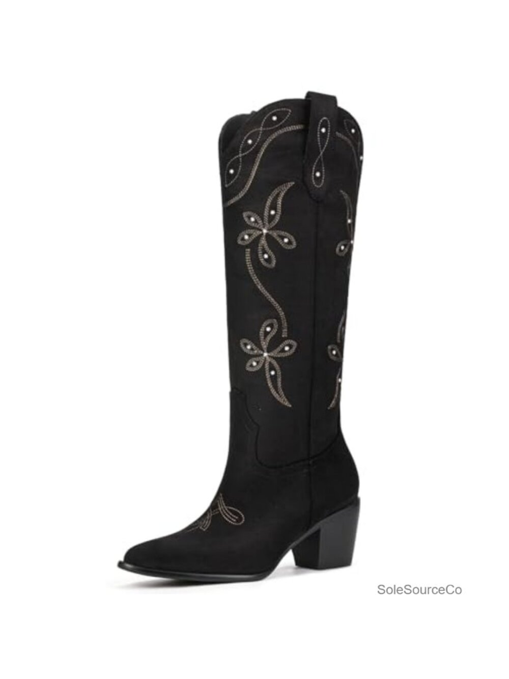 Knee High Western Cowboy Boots Faux Suede Embroidery Pointed Toe Chunky Heel